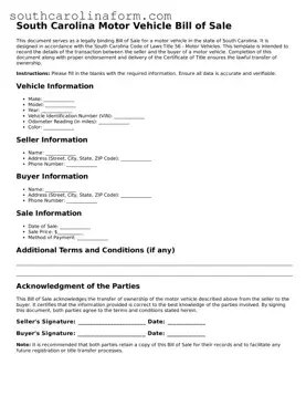 Valid Motor Vehicle Bill of Sale Document for the State of South Carolina