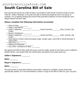 Valid Bill of Sale Document for the State of South Carolina