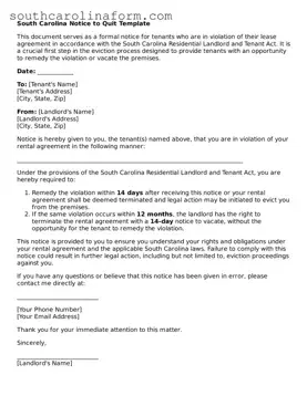 Valid Notice to Quit Document for the State of South Carolina