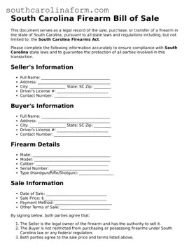 Valid Firearm Bill of Sale Document for the State of South Carolina