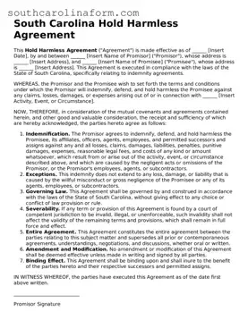 Valid Hold Harmless Agreement Document for the State of South Carolina