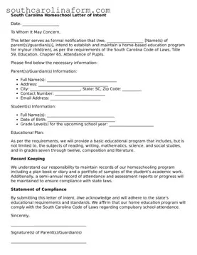 Valid Homeschool Letter of Intent Document for the State of South Carolina