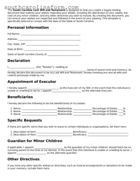 Valid Last Will and Testament Document for the State of South Carolina