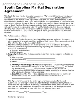 Valid Marital Separation Agreement Document for the State of South Carolina