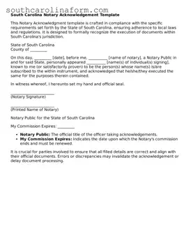 Valid Notary Acknowledgement Document for the State of South Carolina