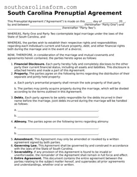 Valid Prenuptial Agreement Document for the State of South Carolina