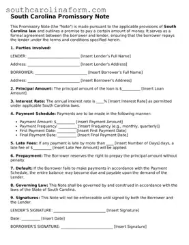 Valid Promissory Note Document for the State of South Carolina