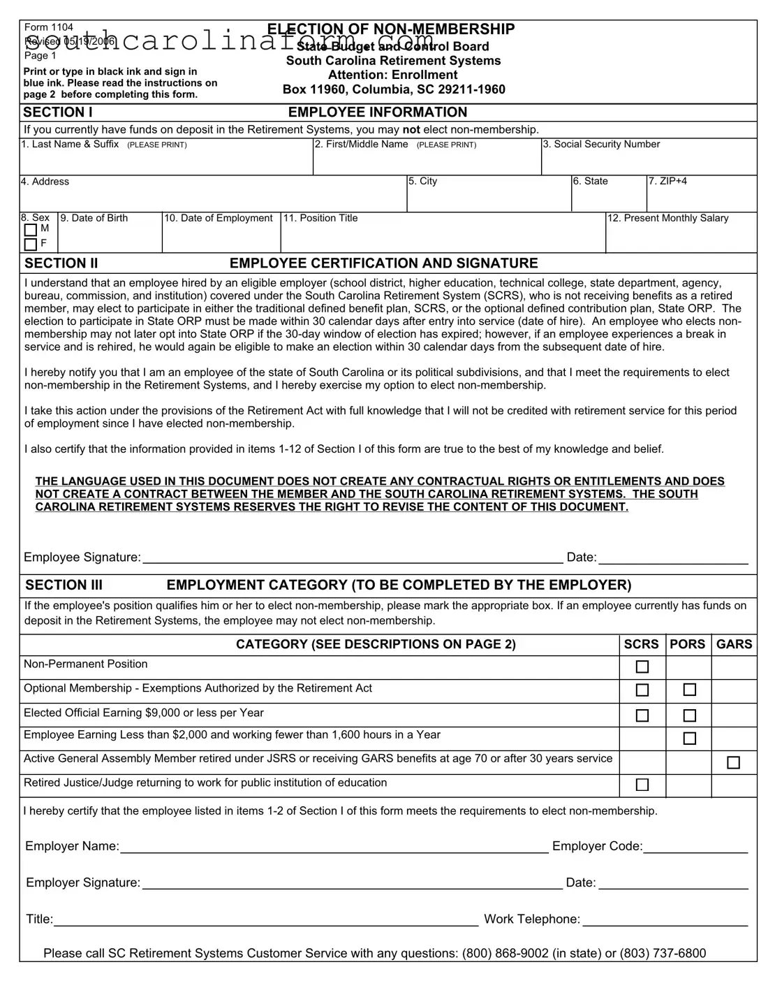 Free South Carolina 1104 PDF Template