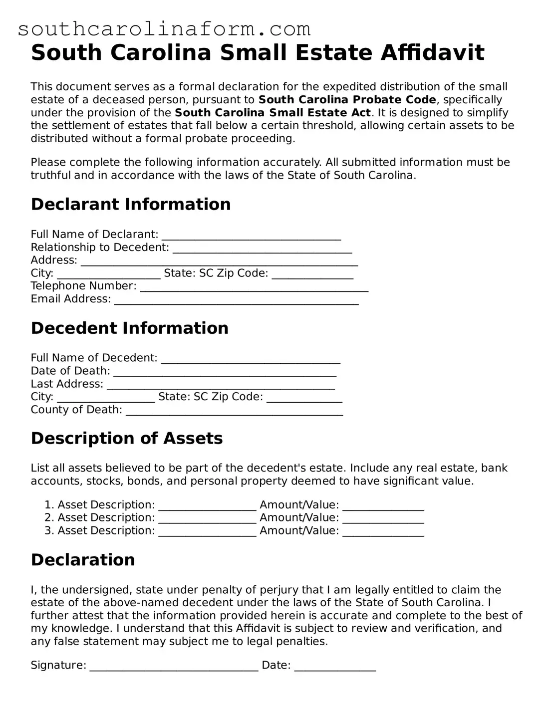 Valid Small Estate Affidavit Document for the State of South Carolina