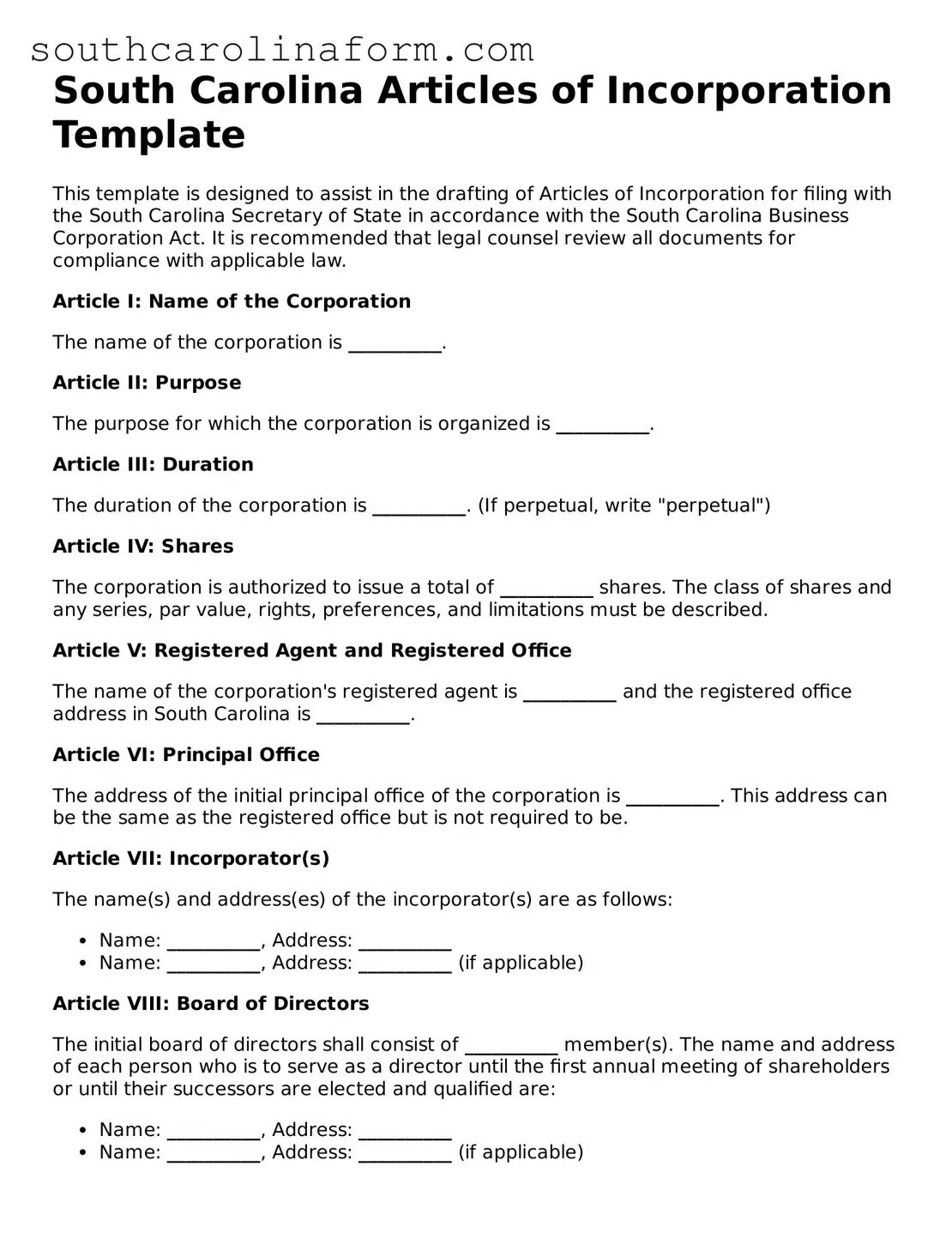 Valid Articles of Incorporation Document for the State of South Carolina