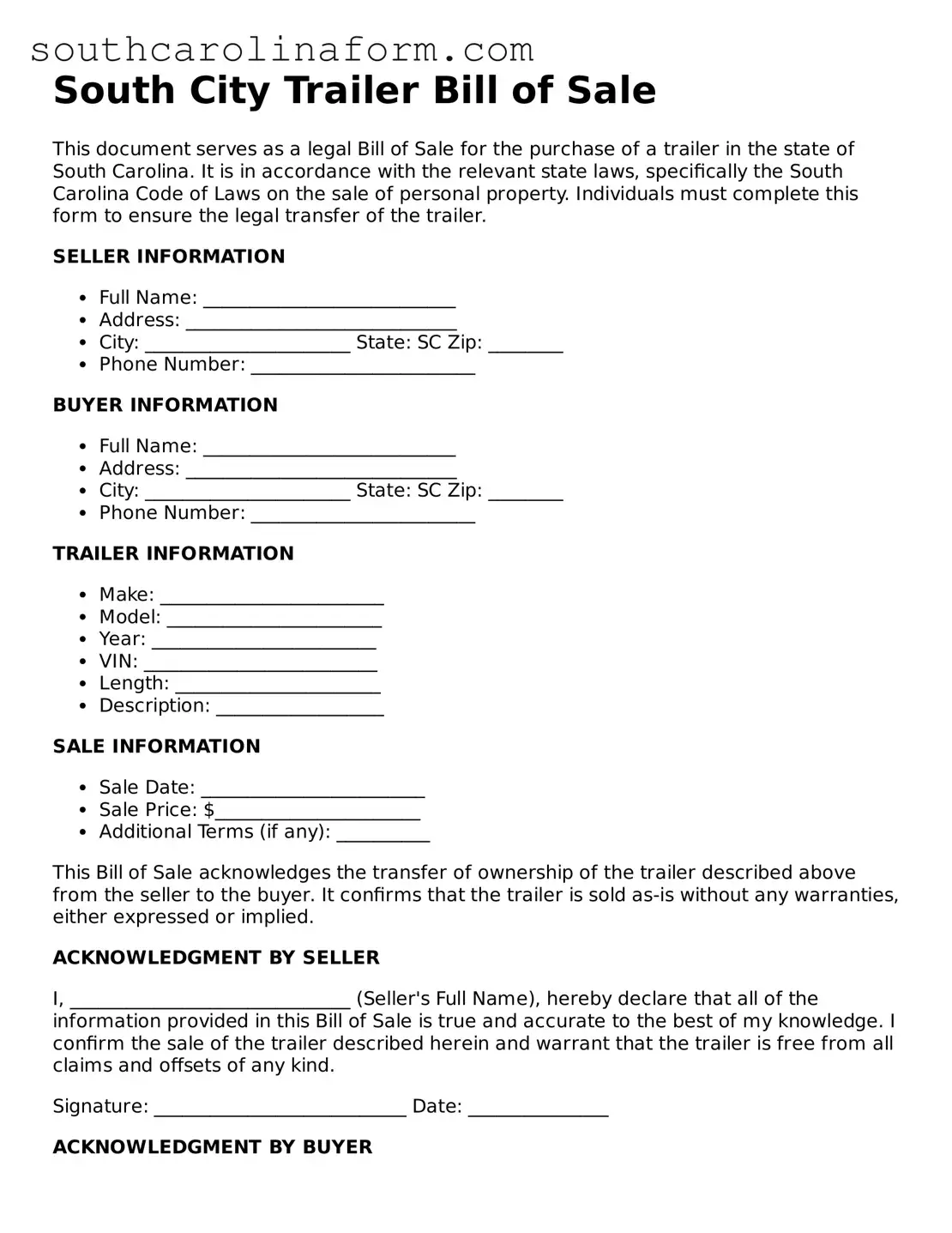 Valid Trailer Bill of Sale Document for the State of South Carolina