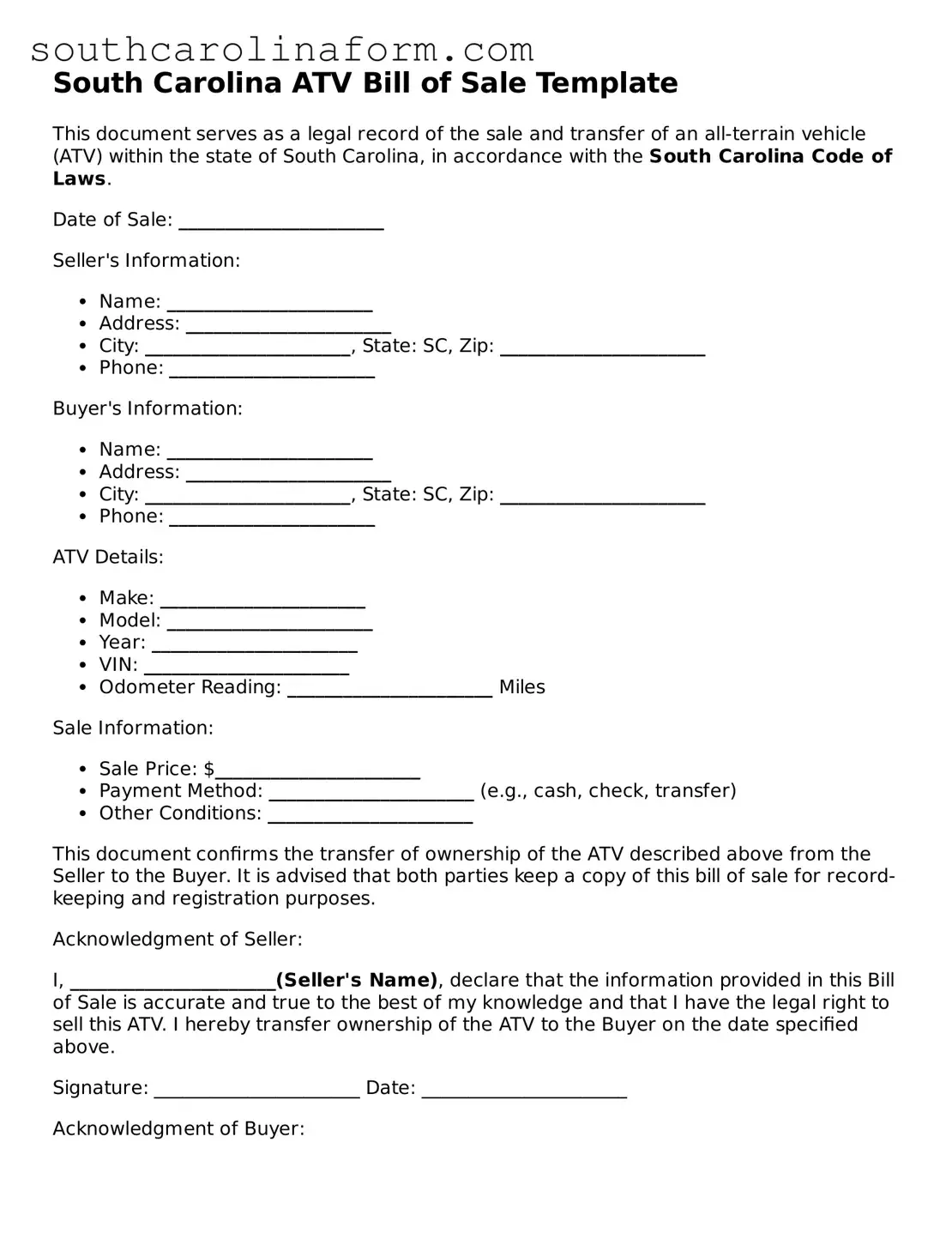 Valid ATV Bill of Sale Document for the State of South Carolina