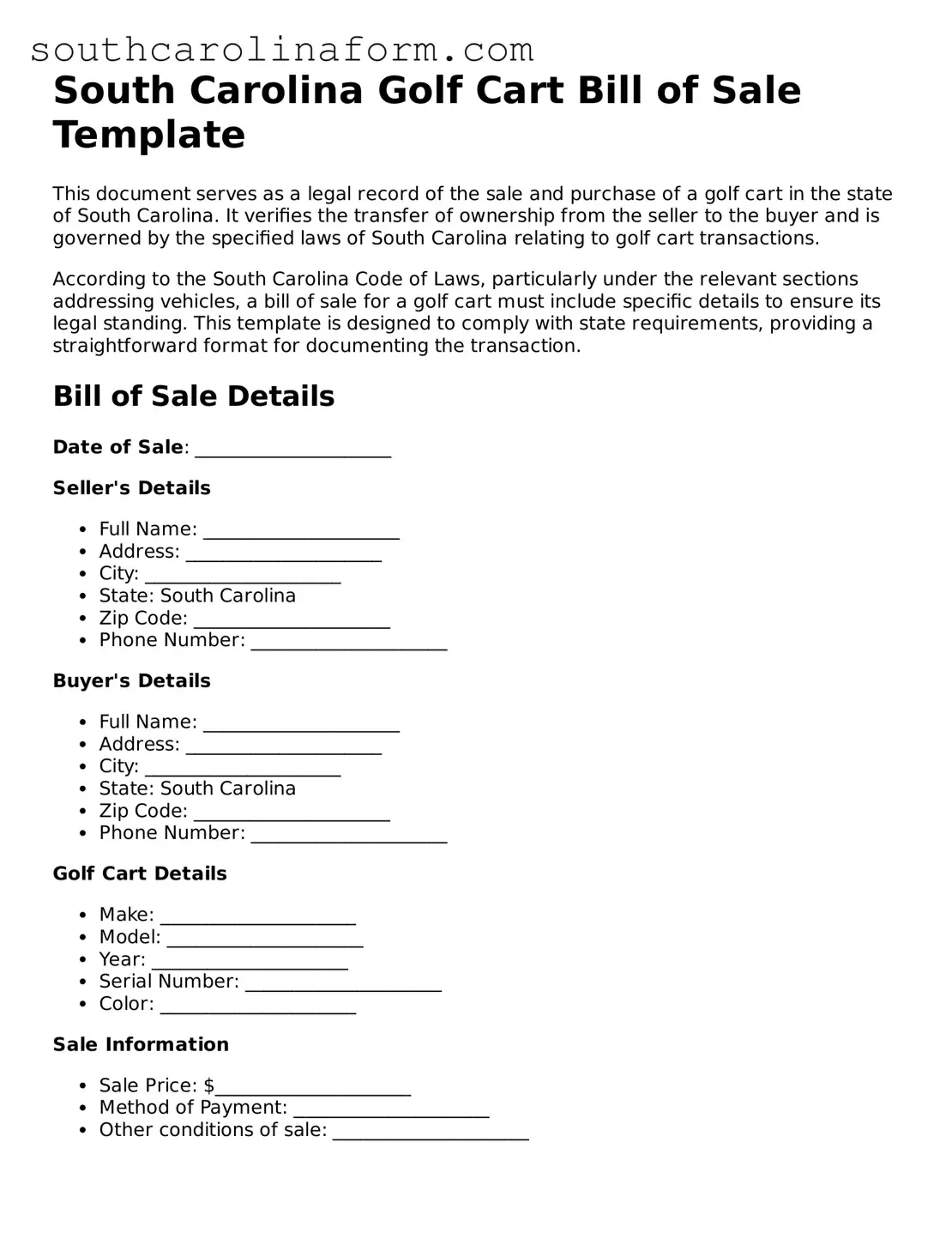 Valid Golf Cart Bill of Sale Document for the State of South Carolina