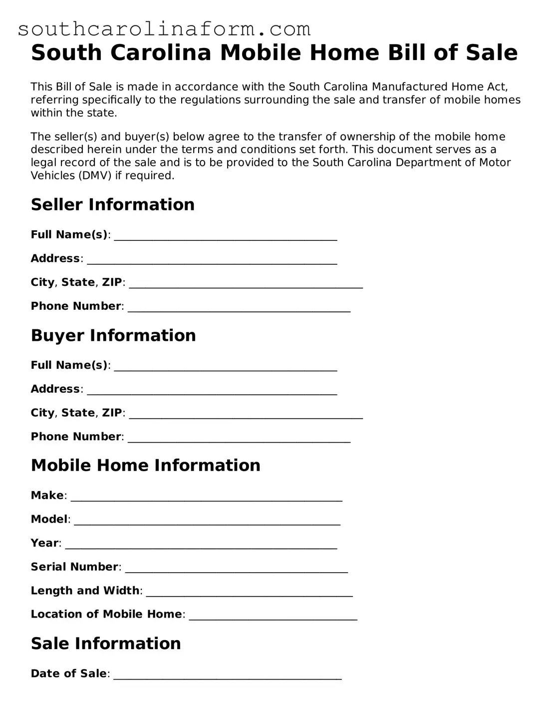 Valid Mobile Home Bill of Sale Document for the State of South Carolina