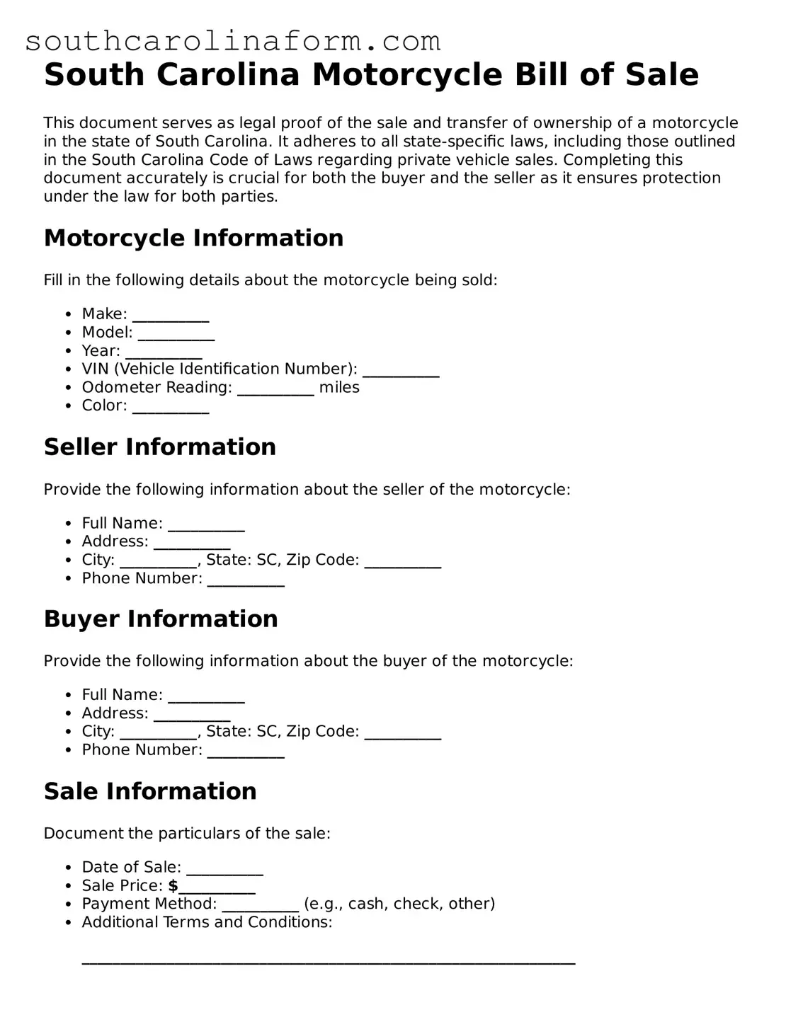 Valid Motorcycle Bill of Sale Document for the State of South Carolina