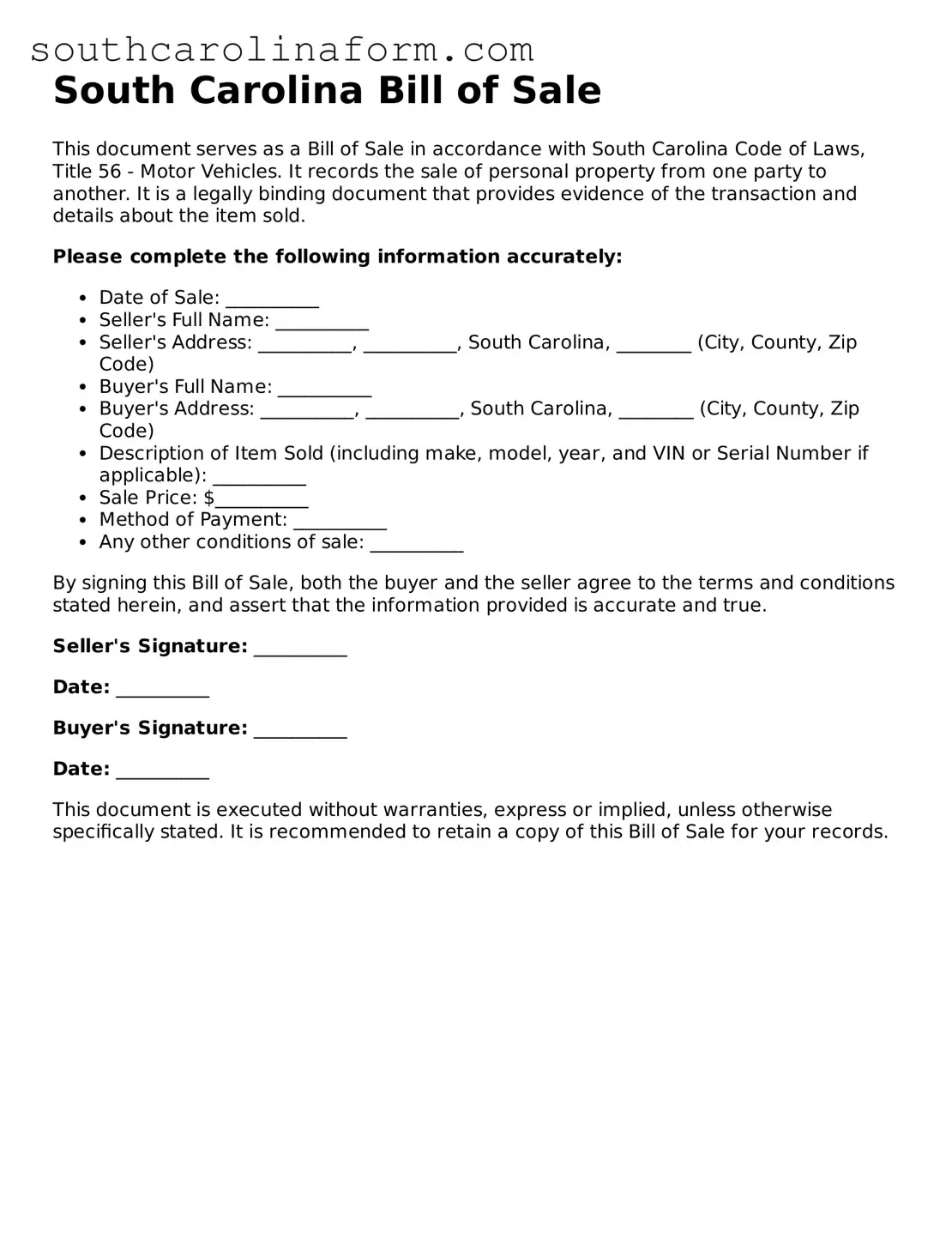 Valid Bill of Sale Document for the State of South Carolina