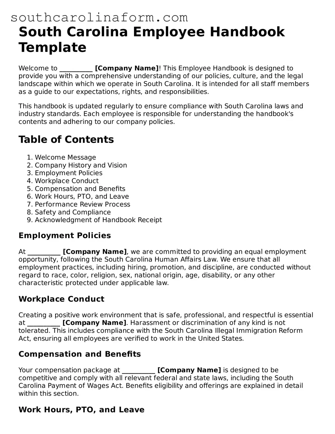 Valid Employee Handbook Document for the State of South Carolina