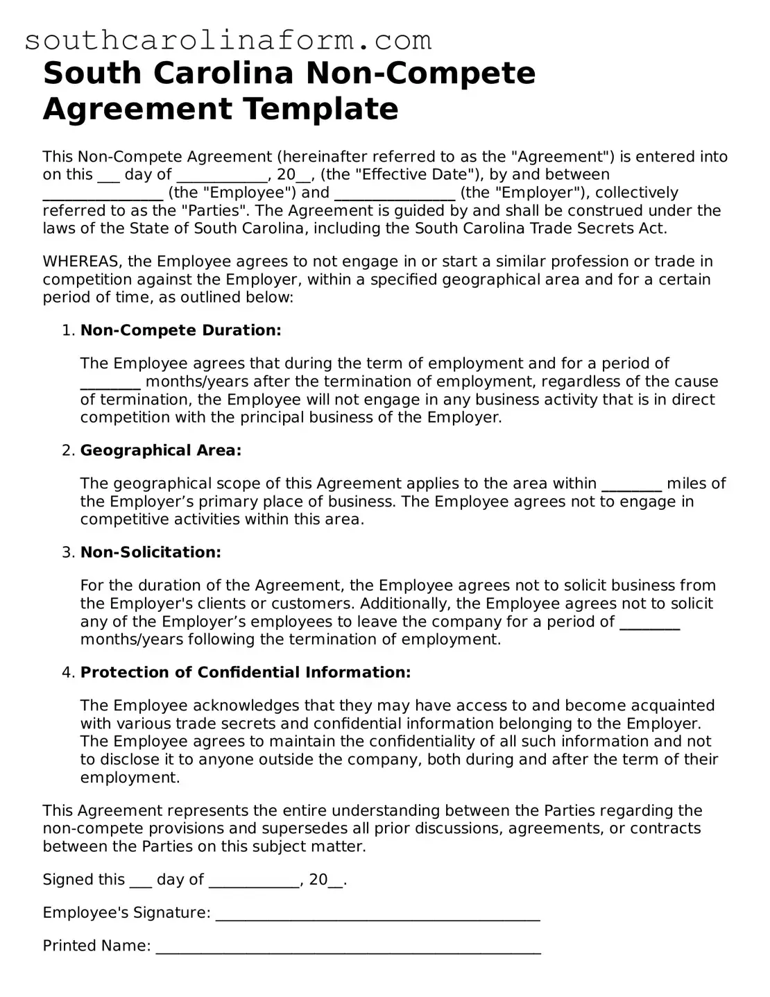 Valid Non-compete Agreement Document for the State of South Carolina