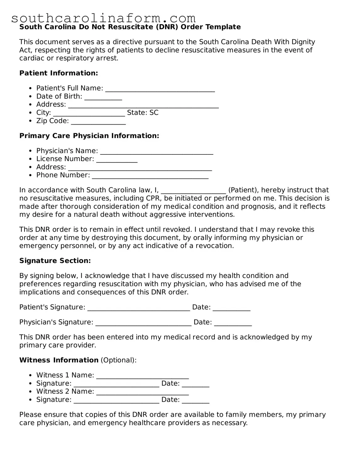 Valid Do Not Resuscitate Order Document for the State of South Carolina