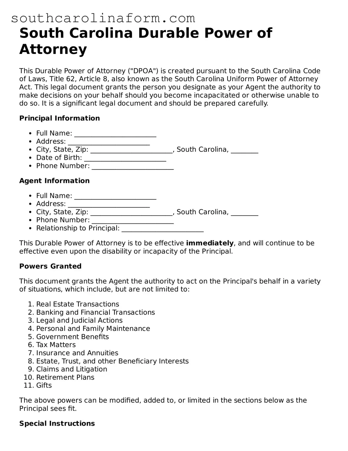 Valid Durable Power of Attorney Document for the State of South Carolina