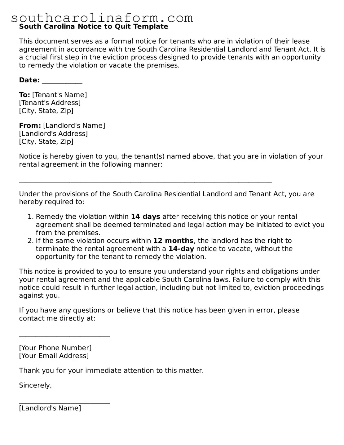 Valid Notice to Quit Document for the State of South Carolina