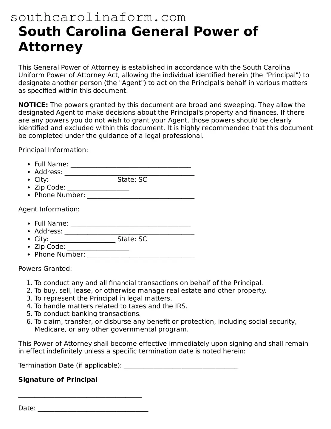Valid General Power of Attorney Document for the State of South Carolina