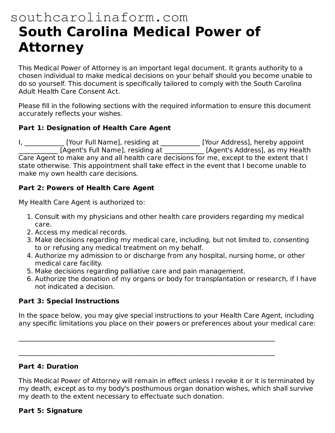 Valid Medical Power of Attorney Document for the State of South Carolina
