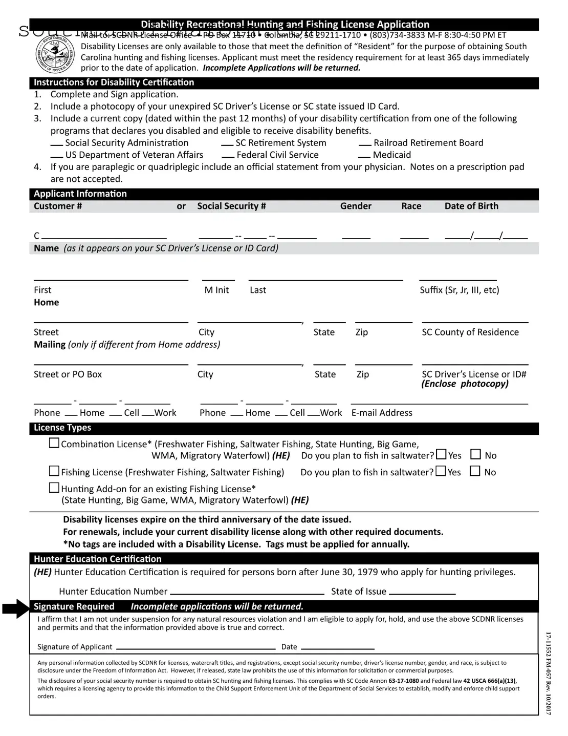 Free South Carolina Hunting And Fishing License PDF Template