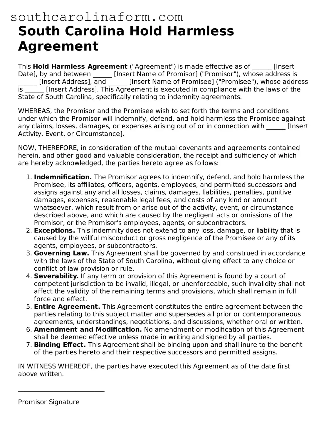 Valid Hold Harmless Agreement Document for the State of South Carolina