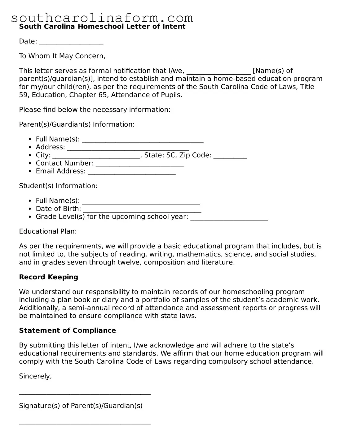 Valid Homeschool Letter of Intent Document for the State of South Carolina