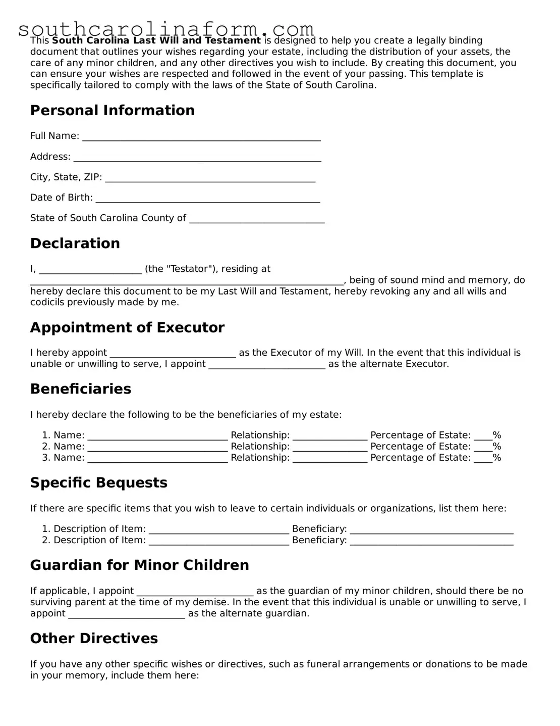 Valid Last Will and Testament Document for the State of South Carolina