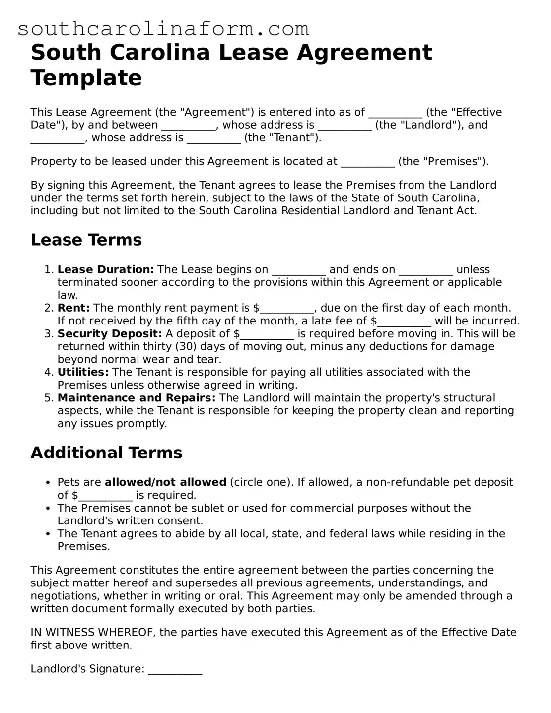 Valid Lease Agreement Document for the State of South Carolina