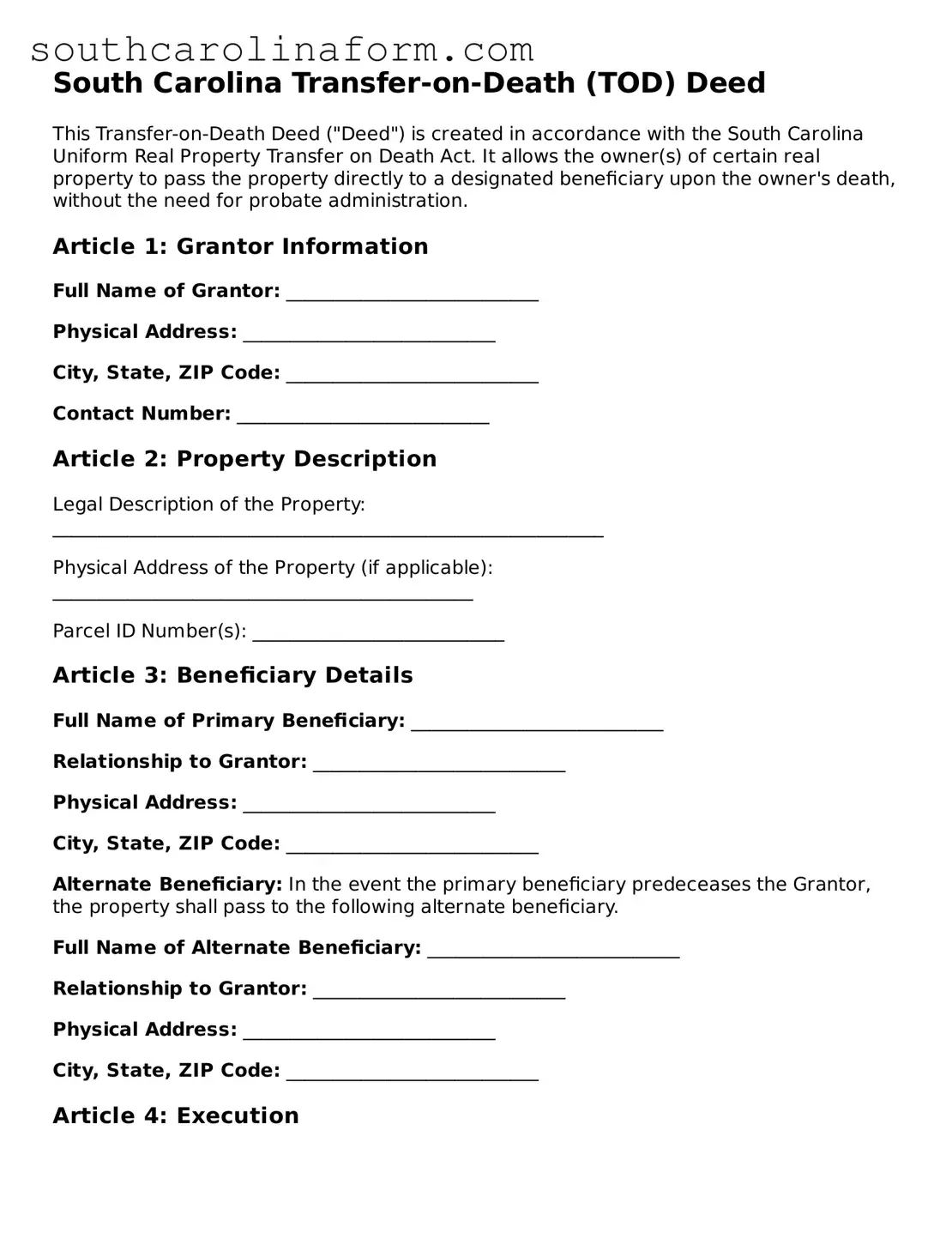 Valid Transfer-on-Death Deed Document for the State of South Carolina