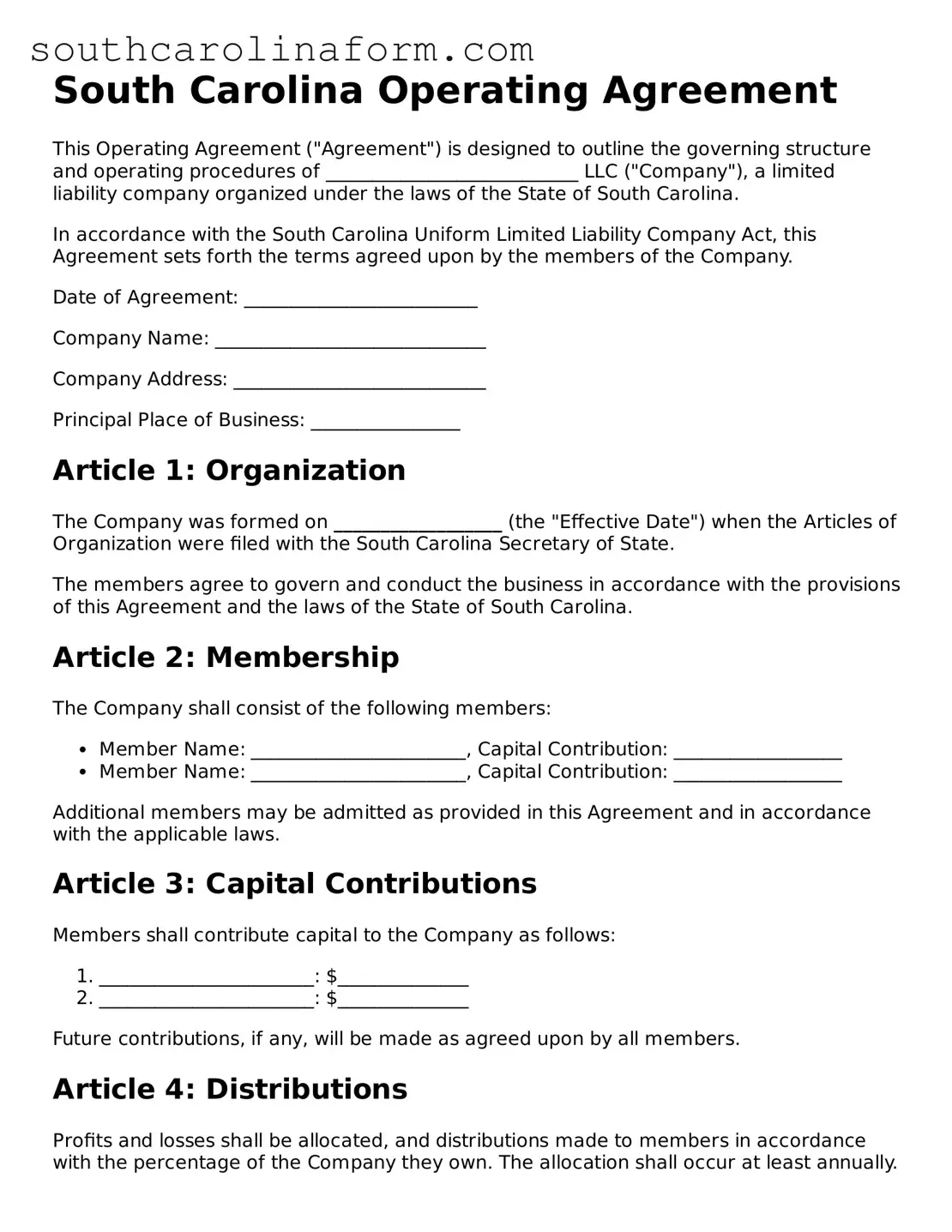 Valid Operating Agreement Document for the State of South Carolina
