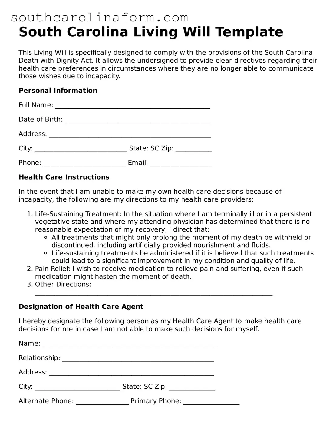 Valid Living Will Document for the State of South Carolina