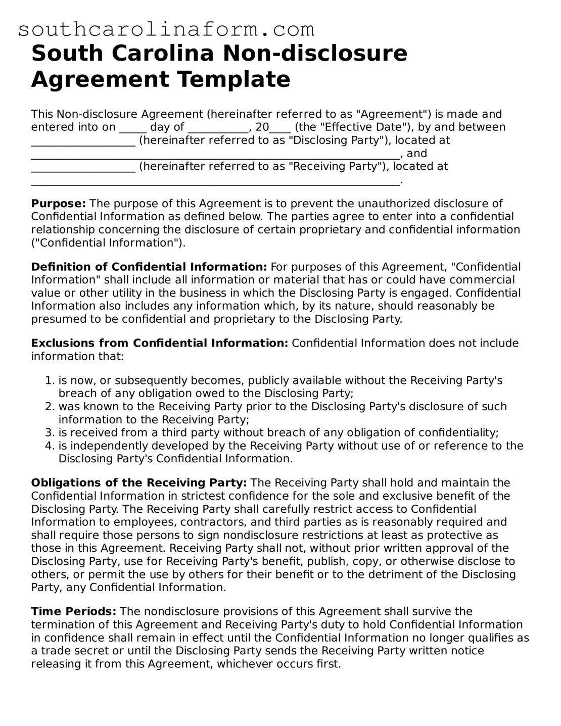 Valid Non-disclosure Agreement Document for the State of South Carolina
