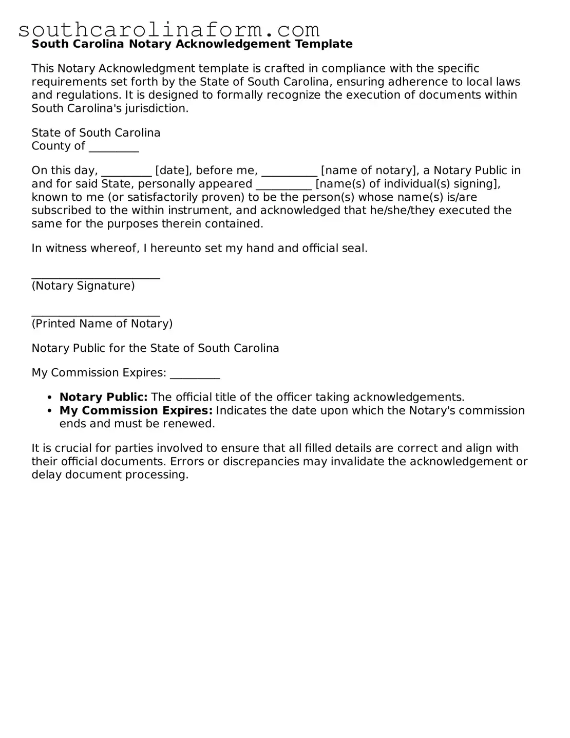 Valid Notary Acknowledgement Document for the State of South Carolina