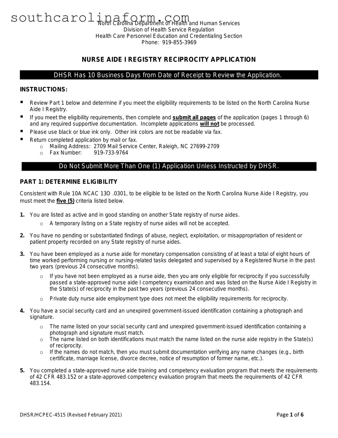 Free South Carolina Nurse Aide PDF Template