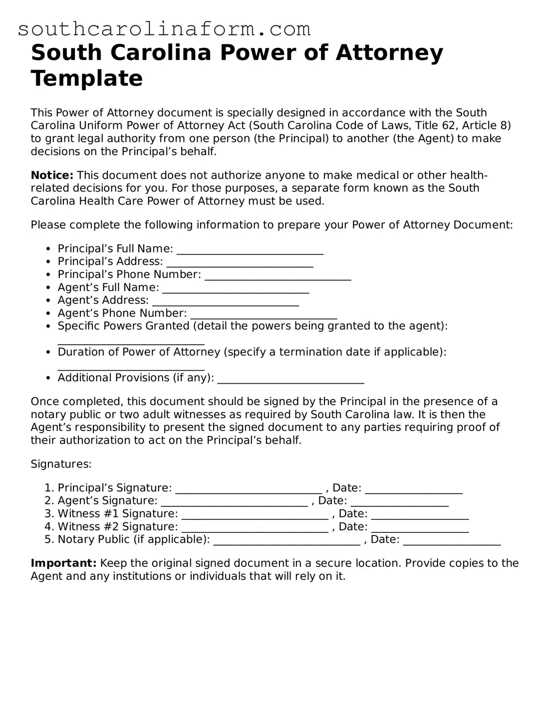 Valid Power of Attorney Document for the State of South Carolina