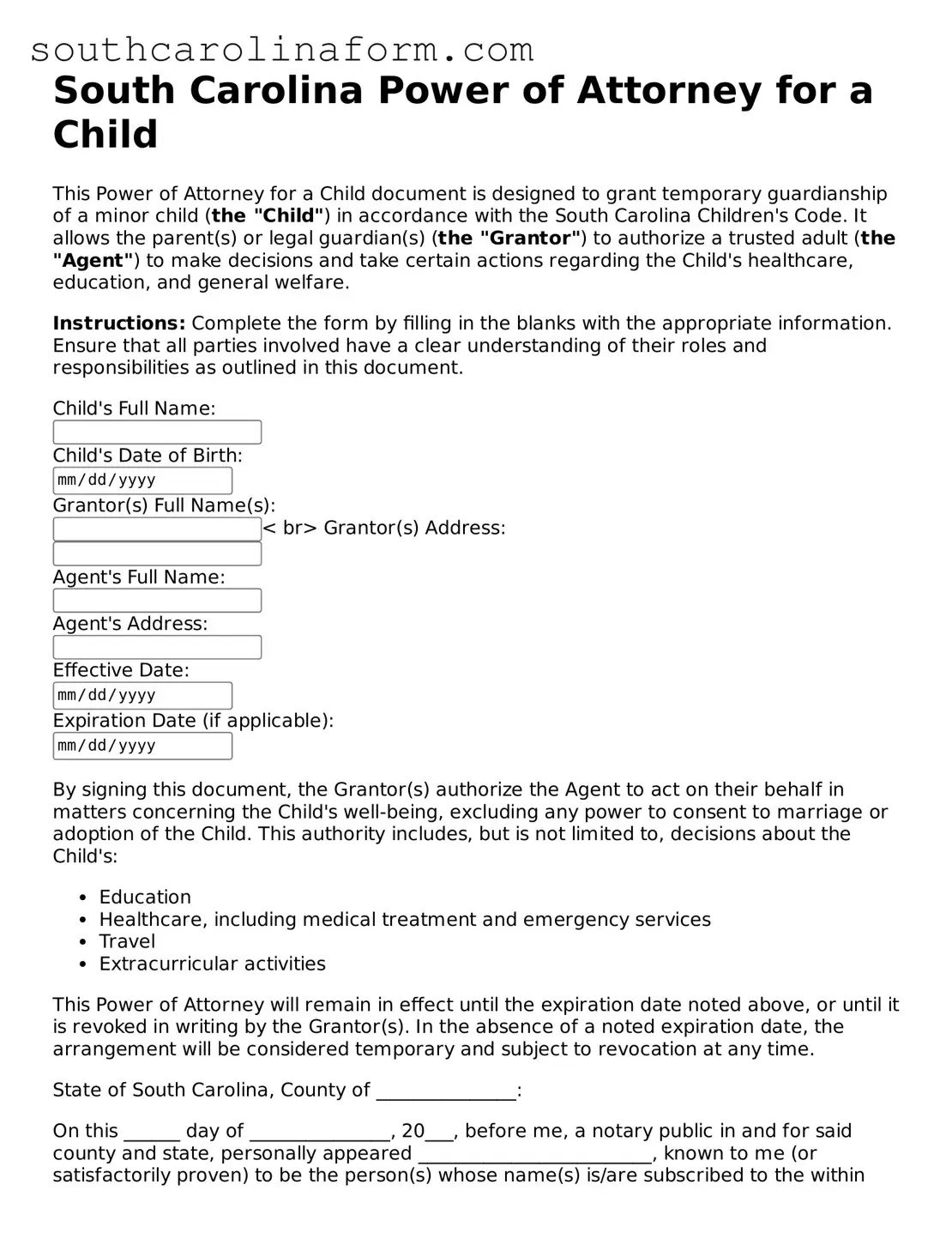Valid Power of Attorney for a Child Document for the State of South Carolina