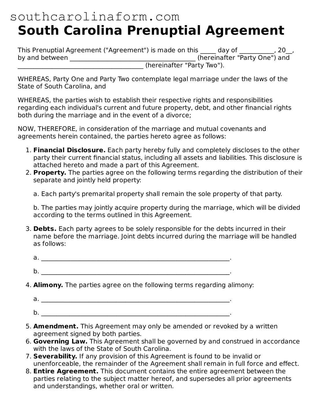 Valid Prenuptial Agreement Document for the State of South Carolina