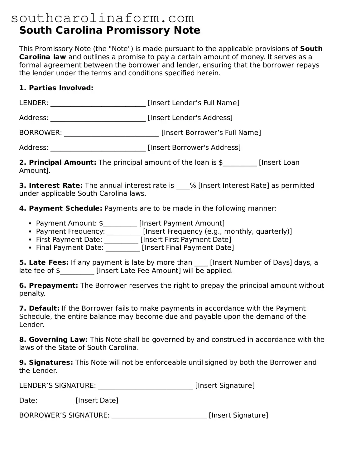 Valid Promissory Note Document for the State of South Carolina