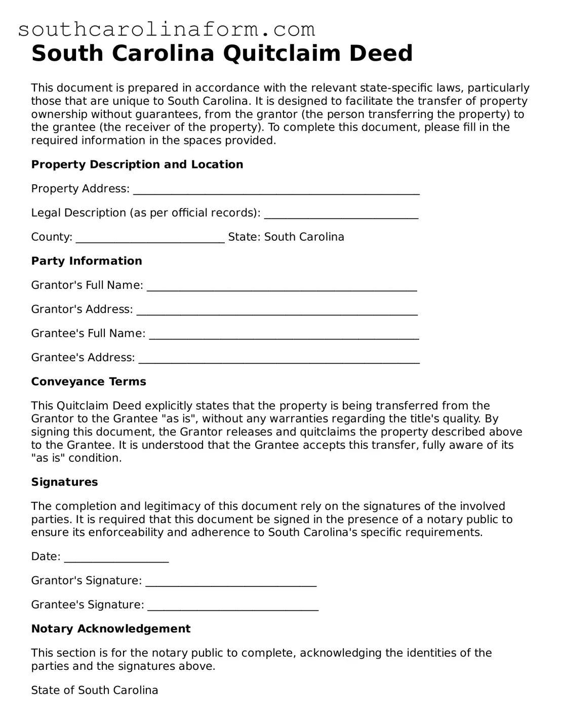 Valid Quitclaim Deed Document for the State of South Carolina
