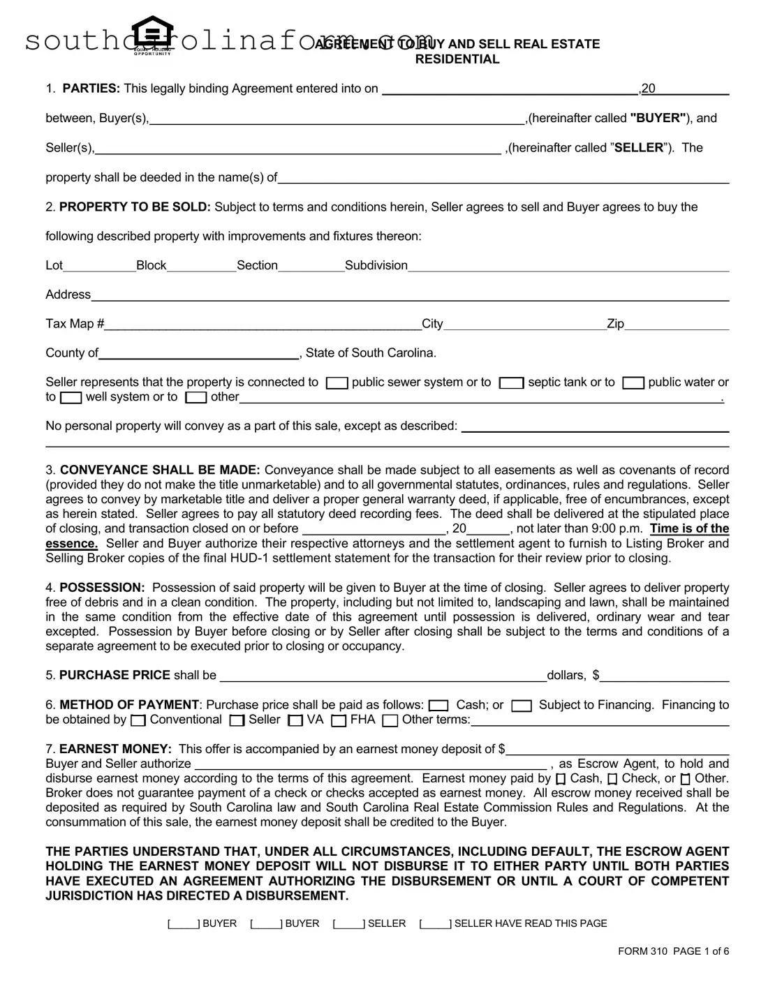 Free South Carolina Real Estate Contract 310 PDF Template