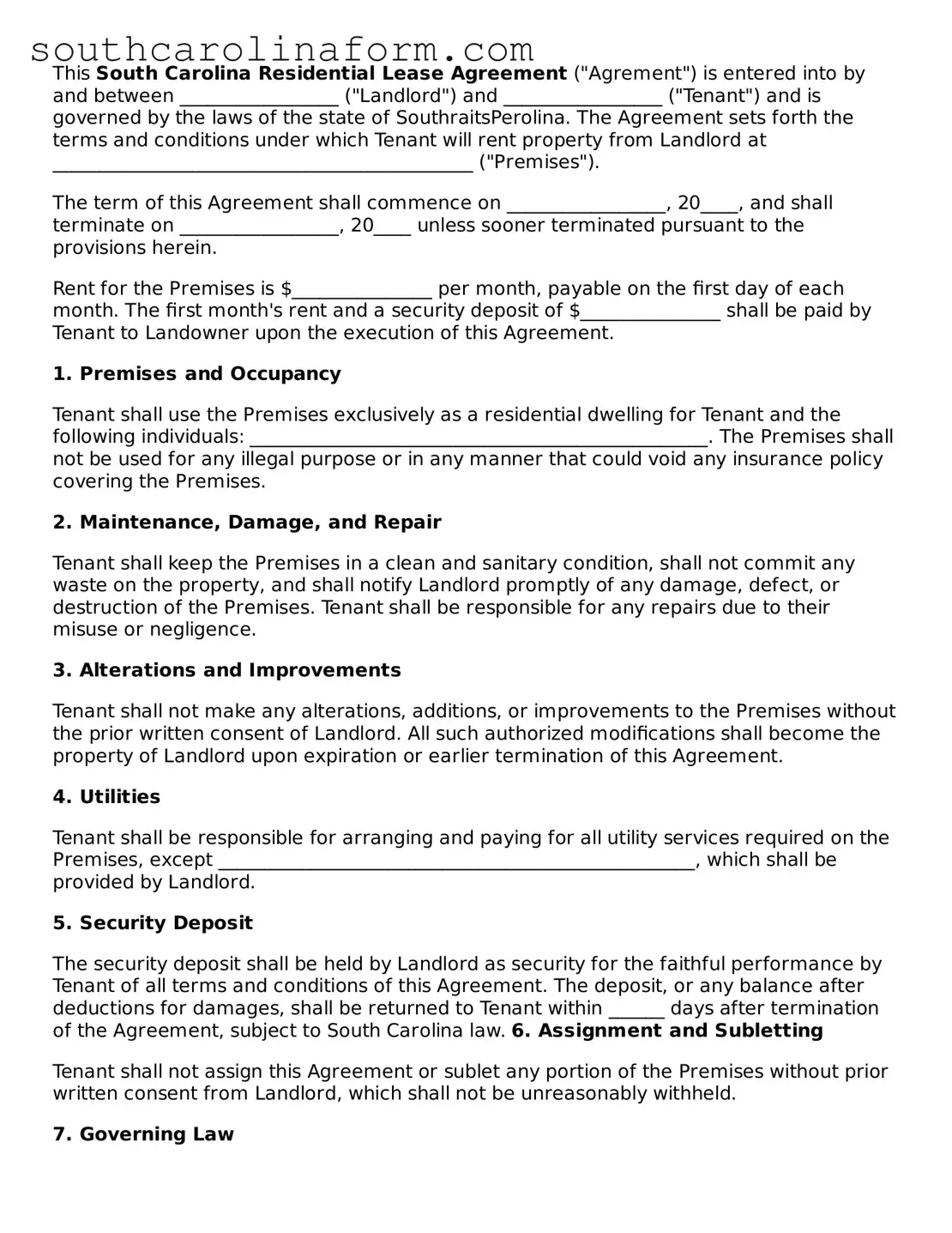 Valid Residential Lease Agreement Document for the State of South Carolina