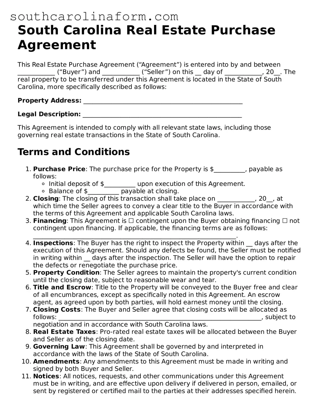 Valid Real Estate Purchase Agreement Document for the State of South Carolina