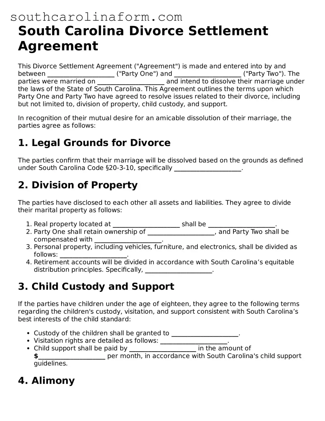 Valid Divorce Settlement Agreement Document for the State of South Carolina