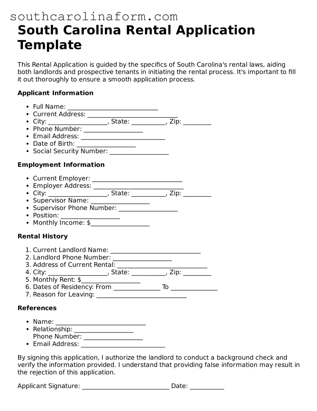 Valid Rental Application Document for the State of South Carolina