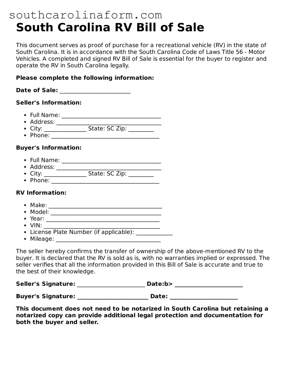 Valid RV Bill of Sale Document for the State of South Carolina