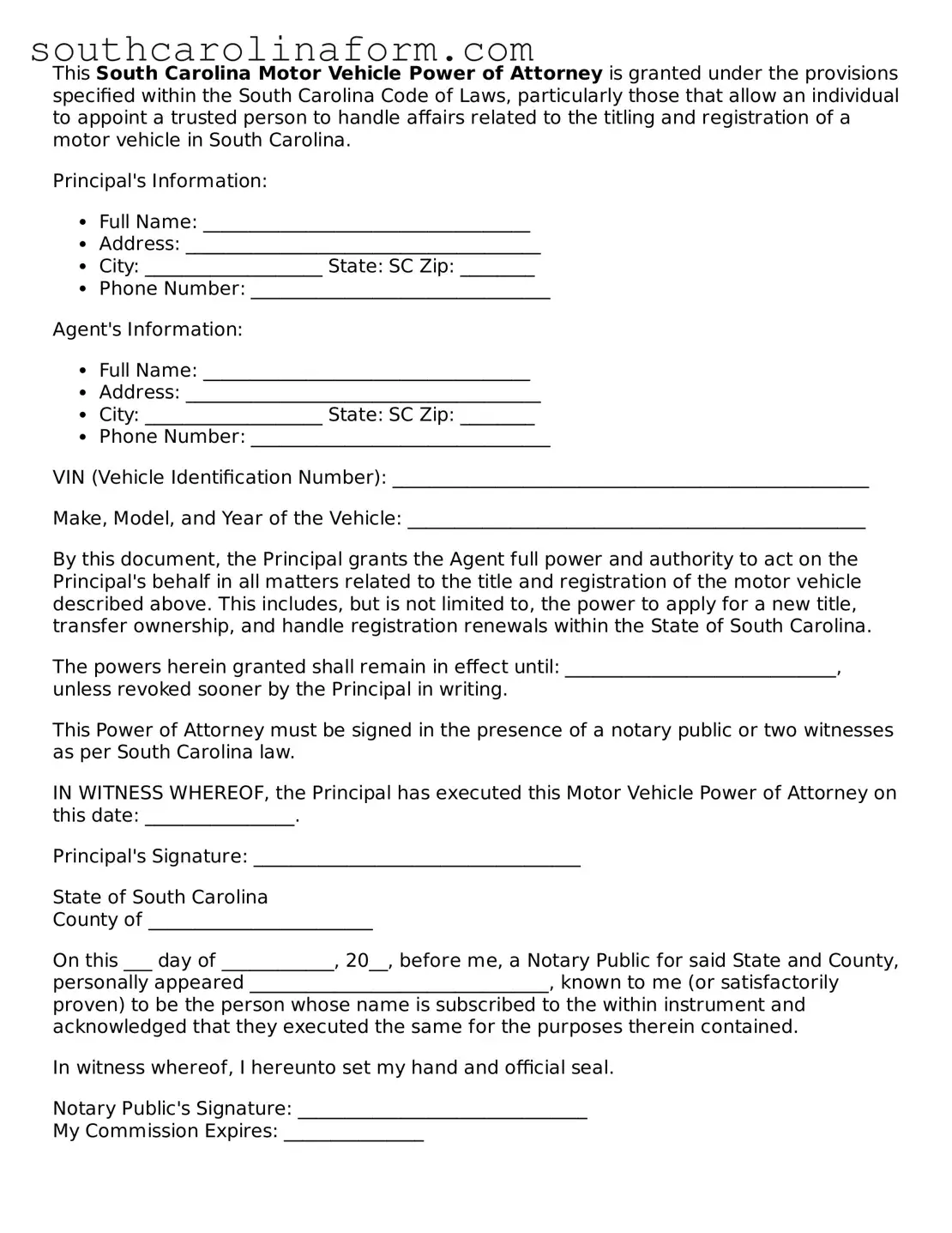Valid Motor Vehicle Power of Attorney Document for the State of South Carolina